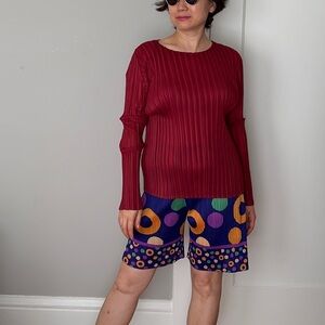 Red plisse pleats Scoop Neck Long Sleeve Top